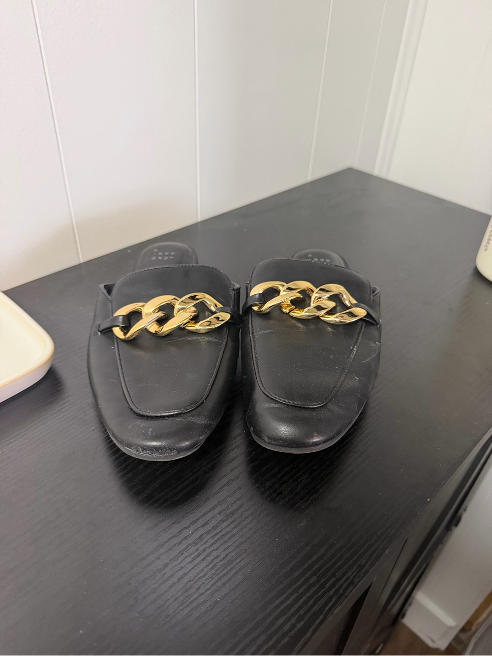 a new day Black Leather Slip-On Mules with Gold Chain
